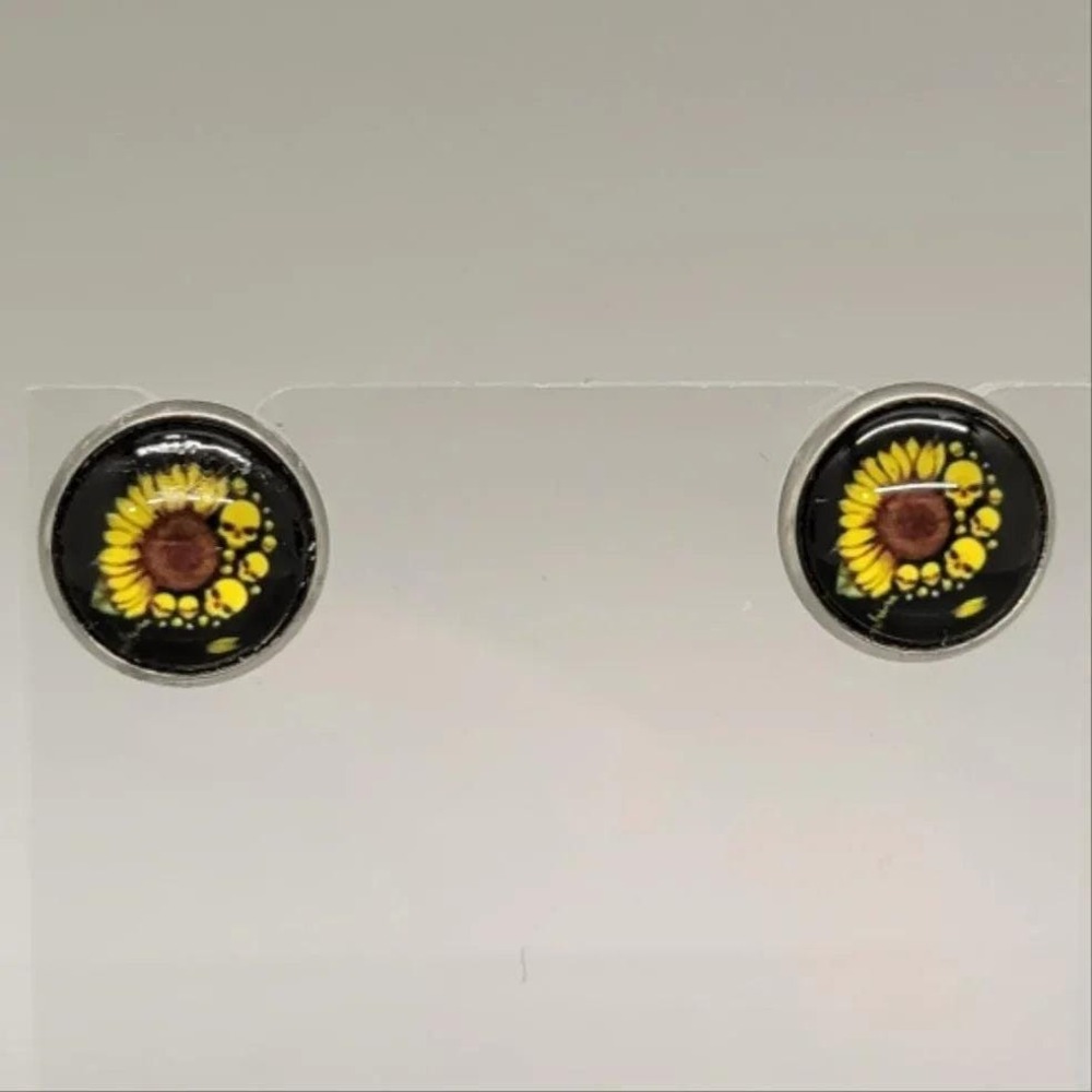 Sunflower with Skulls Stud Earrings | Stainless Steel Gothic Jewelry,
